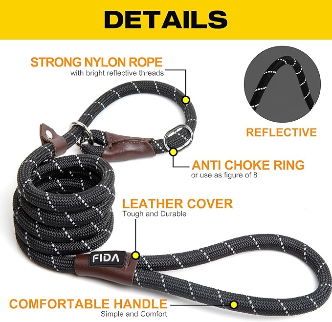 Fida Durable Slip Lead Dog Leash, 6 FT x 3/8" Heavy Duty Dog Loop Leashes, Comfortable Strong Rope Slip Leash for Small Dogs and Puppies, No Pull Pet Training Lead with Highly Reflective(3/8", Black)