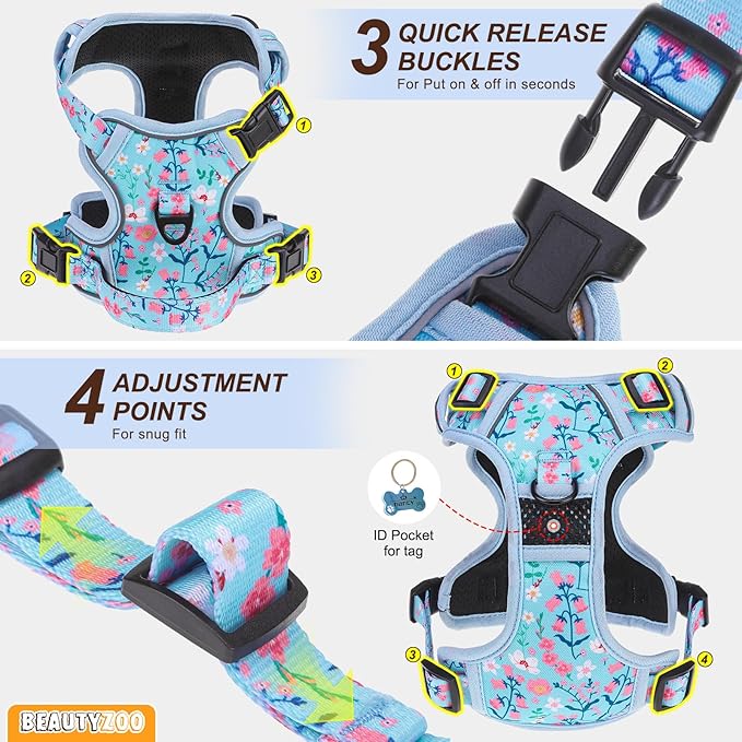 BEAUTYZOO No Pull Dog Harness Small, Adjustable Dog Harness and Leash Set -Easy Wearing with 3 Buckles/Control Handle,No Choke Soft Padded Reflective Pet Vest for Training Walking Hiking,Blue S