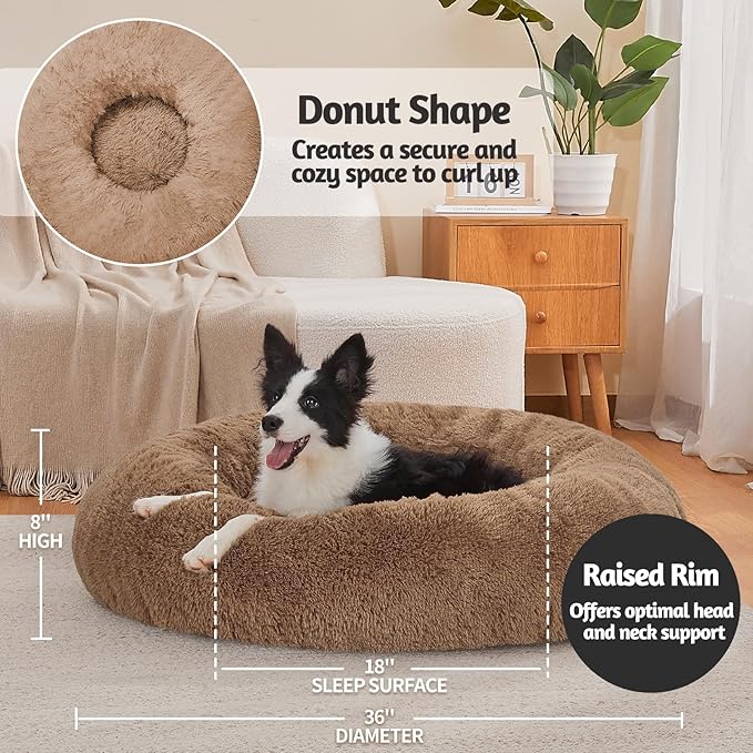 OhGeni Calming Donut Dog Bed Pillow for Large Pets, Machine Washable Removable Cover, Comfort Plush Fluffy Faux Fur with Anti-Slip Bottom, Cats-Friendly Round Cuddly Design, Ocher, 36 inches