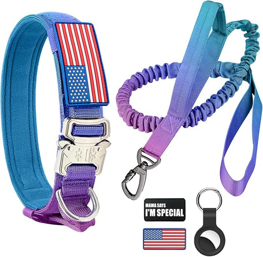 Tactical Dog Collar and Bungee Leash,Military Dog Collar & Leash Set with USA American Flag Adjustable K9 Collar with Heavy Duty Metal Buckle & Handle,with Patches and Airtags Case (Gradient, XL)