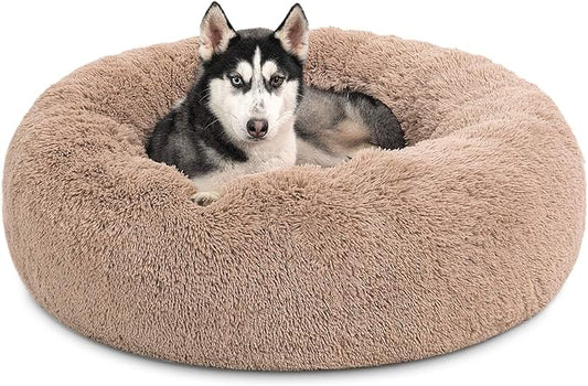 Bedsure Calming Dog Beds Large Sized Dog - Donut Washable Large Pet Bed, 36 inches Anti-Slip Round Fluffy Plush Faux Fur Dogs Bed, Fits up to 100 lbs Pets, Camel