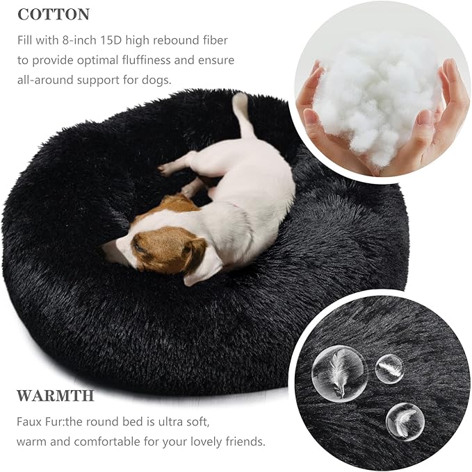 Round Dog Beds for Medium Dogs Fluffy and Soft Pet Bed Faux Fur fit 30lbs Puppy or Cats,30 Inches Black