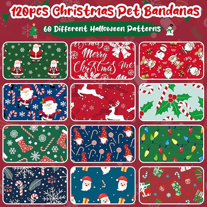 Amylove 120 Pcs Dog Bandanas Bulk Holiday Triangle Dog Pack Puppy Kerchief Bandana Adjustable Pet Scarf for Pet Cat Costume Accessories Decor Summer(Snowman)