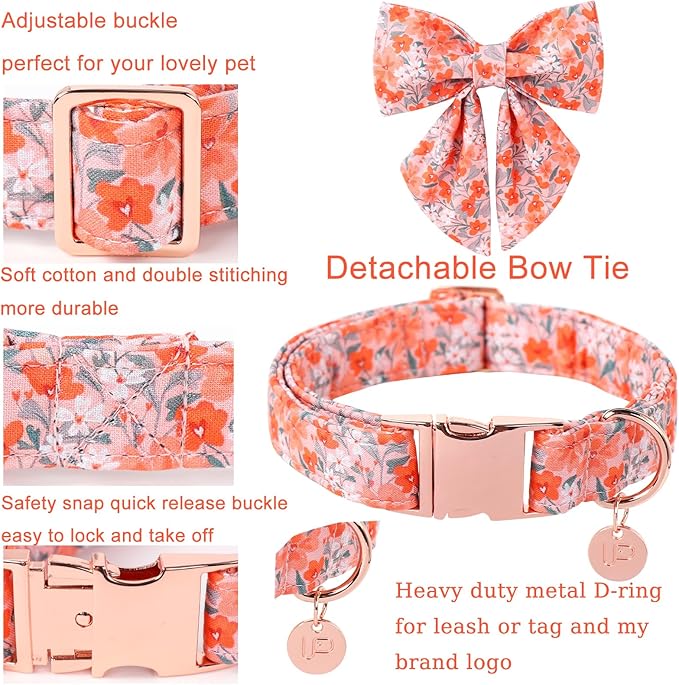 Dog Collar with Bow Tie,UP URARA PUP Orange Flower Bowtie Dog Collar, Summer Bowtie Collar for Puppy Boy Girl Dog, Comfortable Cotton Dog Collar with Metal Buckle,XS