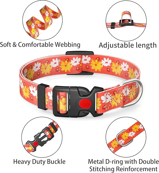 Cute Floral Dog Collar for Small Medium Large Dogs,Girl Female Dog Collars Soft Patterns Adjustable Pet Collar with Quick Release Safety Buckle for Puppy Breed Boy Dogs,Daffodil,S