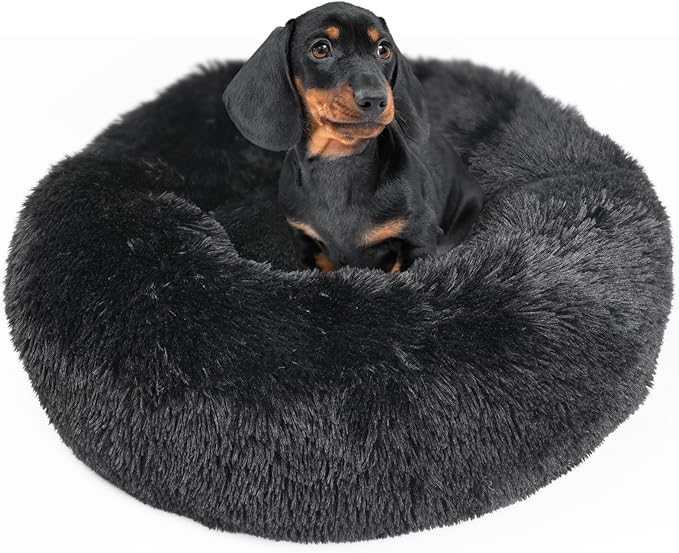 Black Dog Beds for Medium Dogs Washable Calming Bed for Dogs 28 Inches Black Calm and Anti Anxiety Faux Fur Round Medium Sized Pet Bed