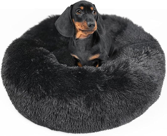 Black Dog Beds for Medium Dogs Washable Calming Bed for Dogs 28 Inches Black Calm and Anti Anxiety Faux Fur Round Medium Sized Pet Bed