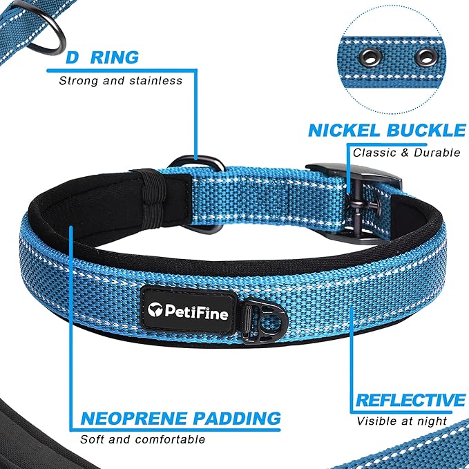 PetiFine Neoprene Padded Dog Collar, Heavy Duty Comfort Dog Collar with Durable Metal Buckle, Reflective Adjustable Belt Buckle Dog Collars for Small Medium Large Dogs(11”-14.5“, Blue)