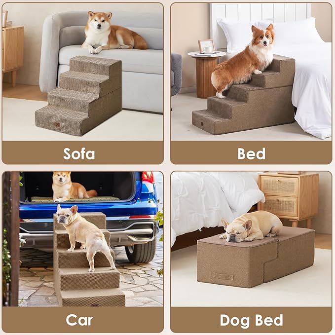 EHEYCIGA Dog Stairs for High Bed 25”H, 5-Step Extra Wide Dog Steps for Bed, Pet Steps for Small Dogs and Cats, Non-Slip Balanced Dog Indoor Ramp, Camel