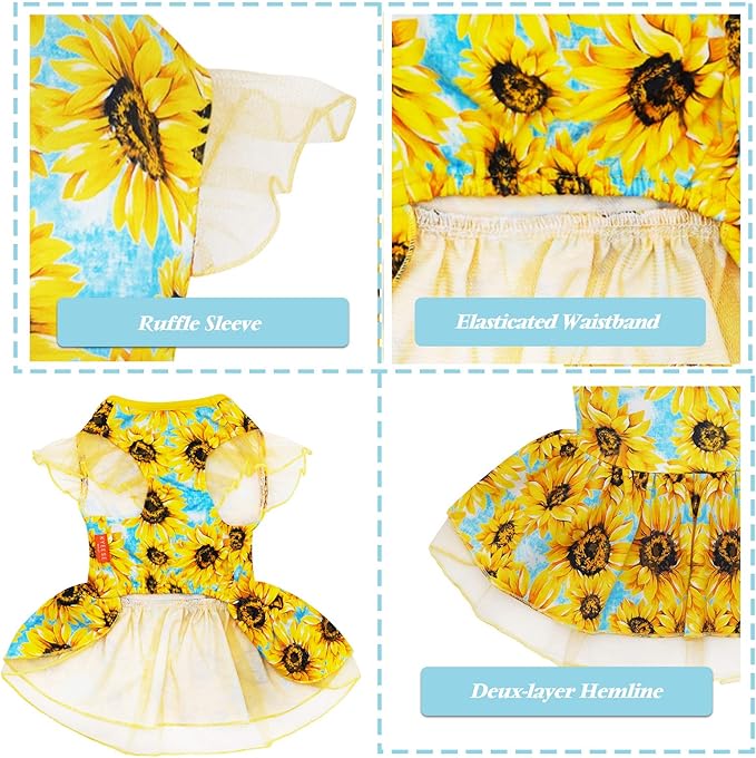 KYEESE Dog Dress for Small Dogs Sunflower Dogs Sundress Tulle with Ruffle Sleeves Dog Apparel