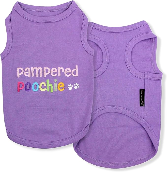 Parisian Pet Dog T-Shirt - Embroidered Pampered Poochie Dog Clothes - 100% Cotton, Breathable Tank Top - Sleeveless Pet Vest - Machine Washable Shirts for Small Dogs XXS