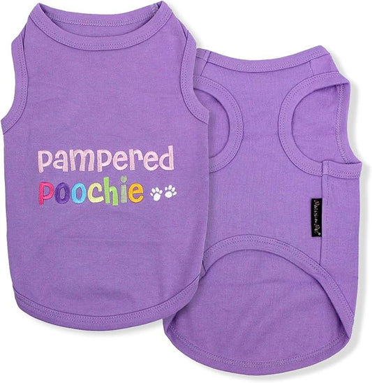 Parisian Pet Dog T-Shirt - Embroidered Pampered Poochie Dog Clothes - 100% Cotton, Breathable Tank Top - Sleeveless Pet Vest - Machine Washable Shirts for Small Dogs XXS