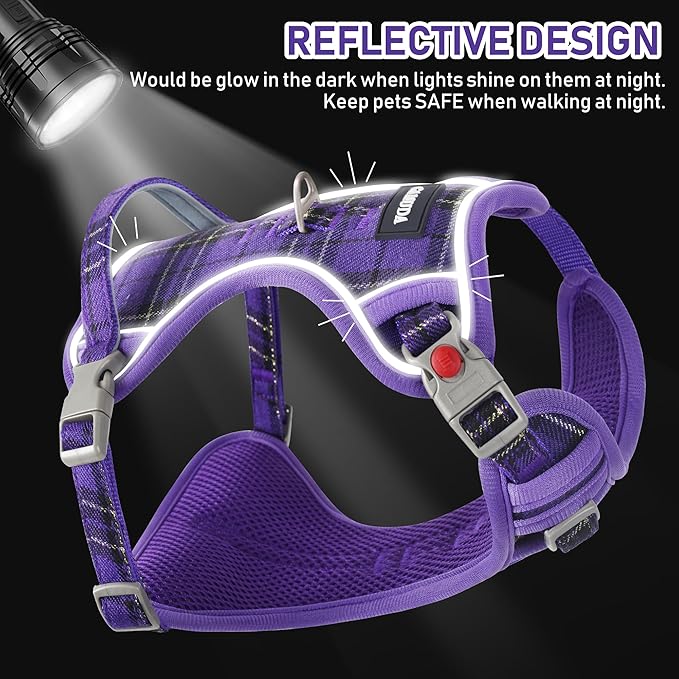 GAMUDA Dog Harness Collar and Leash Set, Dog Harness, No Chock No Pull Adjustable Vest Harnesses Plaid Reflective for Medium Dog, Cat, Small Horse, Small Bull and Pig (Purple, XL)