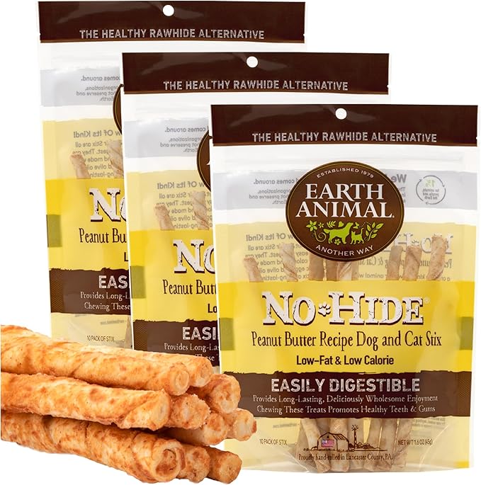 Earth Animal No Hide Stix Peanut Butter Flavored Natural Rawhide Free Dog Chews Long Lasting Chew Sticks | Treats for Small Dogs and Cats | Great for Aggressive Chewers (3 Pack)