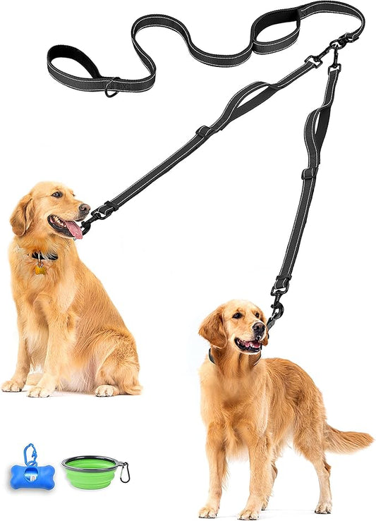 PetBonus Double Dog Leash, No Tangle Dual Leash, Reflective Walking Training Lead, 4 Comfortable Padded Handles for 2 Dogs with Collapsible Bowl and Waste Bags (Black, Large)