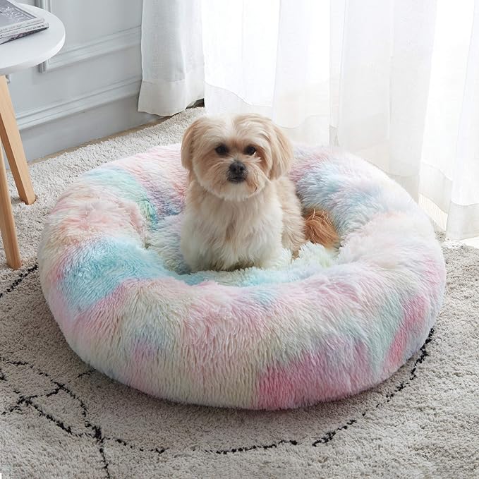 WESTERN HOME WH Calming Dog & Cat Donut Cuddler, Anti-Anxiety Warming Cozy Soft Round Bed, Fluffy Faux Fur Plush Cushion for Small Medium Dogs and Cats (20"/24"/27"/30")