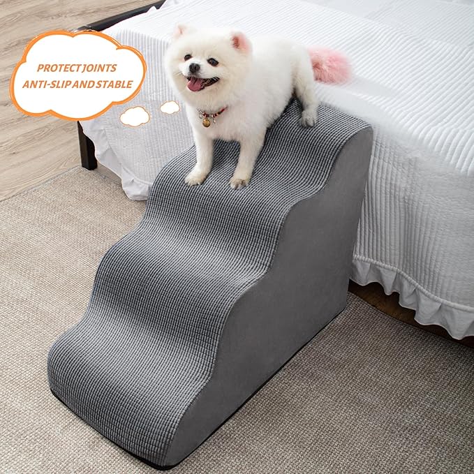 4-Step Dog Stairs and Ramp for Beds or Couches – Non-Slip Sturdy Pet Steps for Small Dogs and Cats,20.9" H,Grey