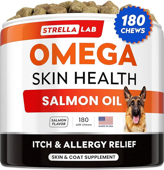 STRELLALAB Omega 3 for Dogs - (180Ct) Fish Oil Treats - Allergy & Itch Relief Skin & Coat Supplement - Dry Itchy Skin, Anti Shedding & Hot Spots Treatment - Pet Salmon Oil Chews - Salmon Flavor