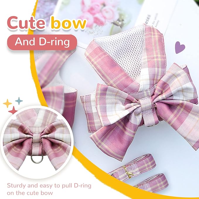 Dog Harness for Small Dogs With Bow and D-Ring - Soft Mesh Adjustable Set for Girl Puppies - Pet Harness and Leash