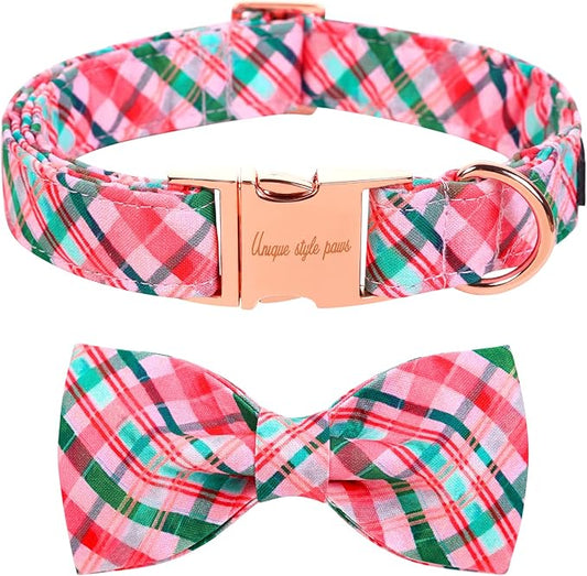 Unique style paws Dog Collar with Bow Pink & Green Plaid Dog Collar Best Gifts for Small Medium Large Dogs -L