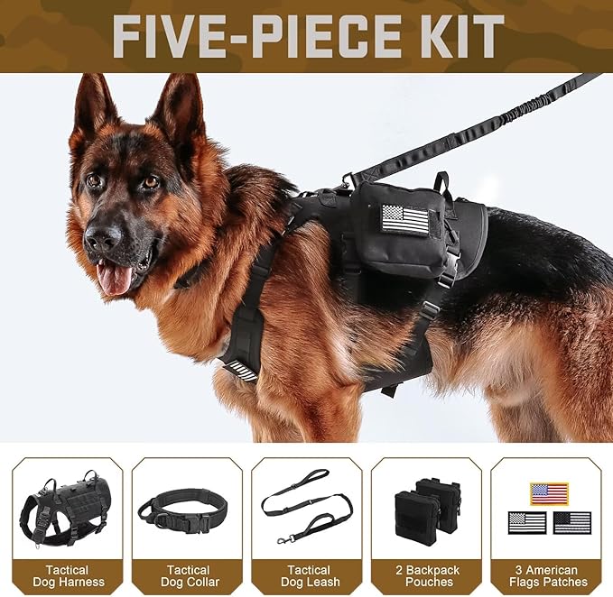 Forestpaw Tactical Dog Harness for Large Dogs,Tactical Dog Collar with Bungee Leash Set,No Pull Military Dog Harness for Walking Training,Adjustable for Medium Large Dogs,Black,Chest 19.5-41.5"