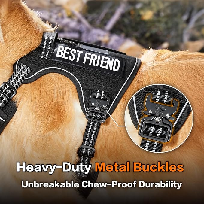 PawsPassion Tactical Dog Harness for X-Large Dogs, Chew-Proof Metal Hardware, Heavy Duty No Pull Dog Harness, Reflective Strips, Adjusting Ring, MOLLE System, Hook and Loop Panel (Stealth, XL)