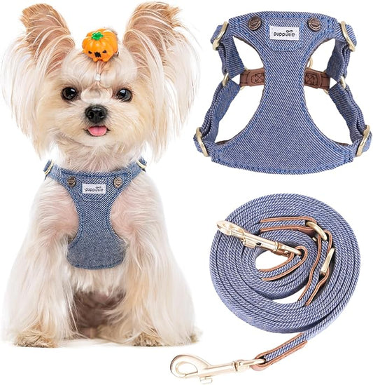 Puppytie No Pull xs Dog Harness with Multifunction Dog Leash,Soft Adjustable No Choke Escape Proof Pet Harness Vest,denimn Light Blue,XS