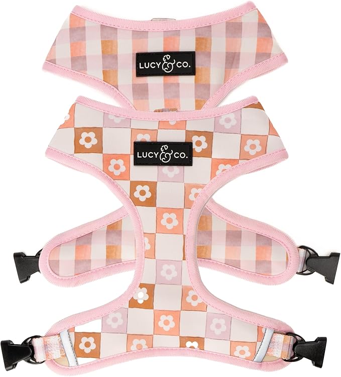 Lucy & Co. Pink Purple Daisy Checkered, Cute Reversible Dog Harness Walking Halter - Best Designer Pet Harnesses for XS - XL Dogs - Padded Adjustable Vest for Easy Walking (X-Large)