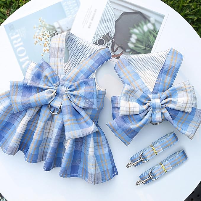 Dog Harness and Leash Set, Cute Bow Tie Plaid Harnesses for Puppy Cat, Adjustable Pet Kitties Vest, Breathable Harness Traction Rope for Boy Girl Small Animal(Skirt Sky Blue,XL for 12.1-15.4lbs Dog)