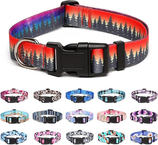 Adjustable Dog Collar with Patterns, Ultra Comfy Soft Nylon Breathable Pet Collar for Small Medium Large Dogs (S, Forest)
