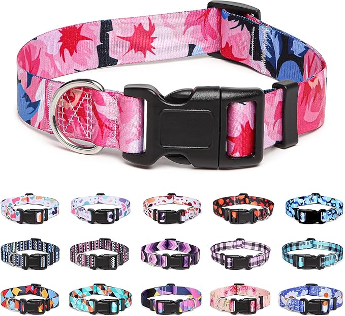 Adjustable Dog Collar with Patterns, Ultra Comfy Soft Nylon Breathable Pet Collar for Small Medium Large Dogs (S, Pink Flower)