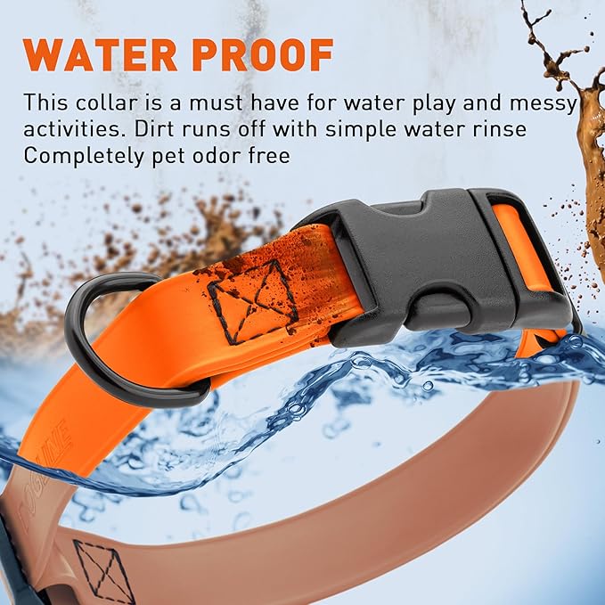 Dogline Biothane Waterproof Dog Collar with Quick Release Buckle Strong Coated Nylon Webbing with Odor- Proof for Easy Care Easy to Clean Fits Small Medium or Large Dogs, Orange 1" W 15-23" L