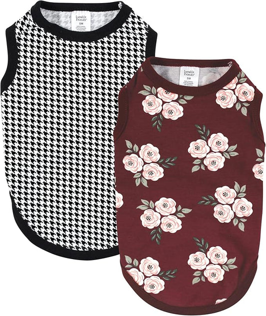 Luvable Friends Dog Pet Dog and Cats Cotton T-Shirts 2pk, Burgundy Floral Houndstooth, Large