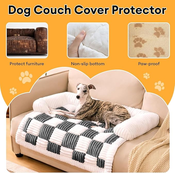 FUNNY FUZZY Pet Couch Covers for Sofa, Large Couch Cover for Dogs Washable Cream Square Plaid Pet Bed Mat for Furniture Protector Sofa Cover for Pets, Large, Black