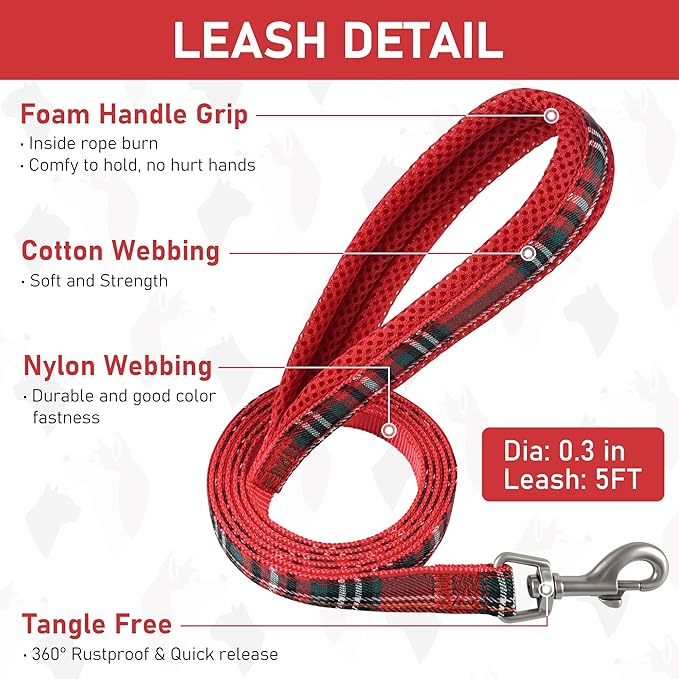 GAMUDA Small Dog Harness Collar and Leash Set, Step in No Chock No Pull Soft Mesh Adjustable Dog Vest Harnesses Plaid Reflective for Dogs Puppy Cats Kitten Rabbit (Red, M)