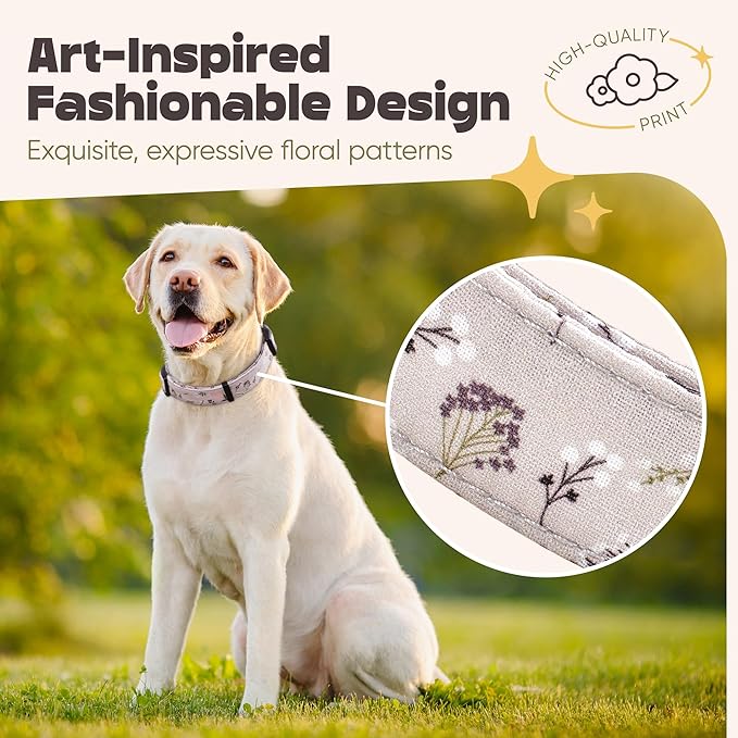 Dog Collar for Medium & Large Dogs - Flowers Cotton Padded Pattern on Long Lasting, Adjustable, Strong and Durable Collars - Choose from Stunning Patterns and Colors
