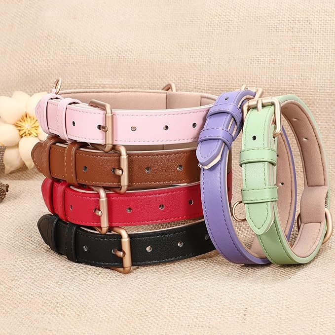 WHIPPY Leather Dog Collar for Small Medium Large Dog Adjustable Soft Breathable Leather Padded Puppy Collar with Alloy Buckle Heavy Duty Waterproof Classic Dog Pet Collar,Purple,M