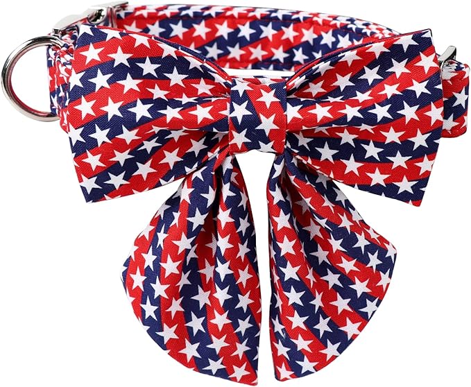 Lionet Paws Patriotic Dog Collar with Sailor Bow, 4th of July, Soft and Comfortable, Adjustable Collar for X-Large Dogs, Neck 16-26 inches