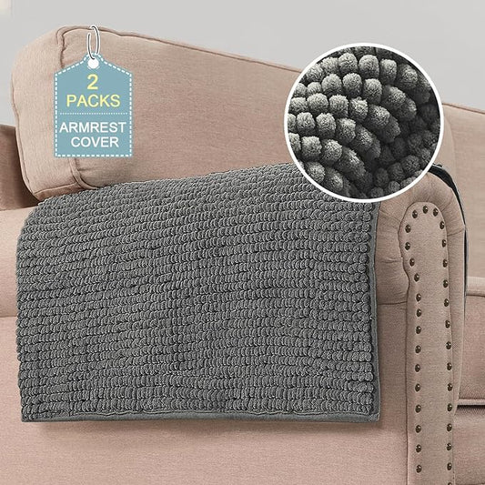 H.VERSAILTEX Plush Chenille Couch Armrest Cover 2 Packs Thick and Soft Sofa Covers Furniture Protector Cover for Pets (27.5" x 27.5", Grey)