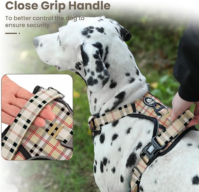 FURRYFECTION Plaid Dog Harness for Medium Dogs | No Pull Reflective Pet Harness | No Choke Adjustable Dog Vest Harnesses | with Leash | Easy Control Handle | Front Lead | Seat Belt | Beige&White | M