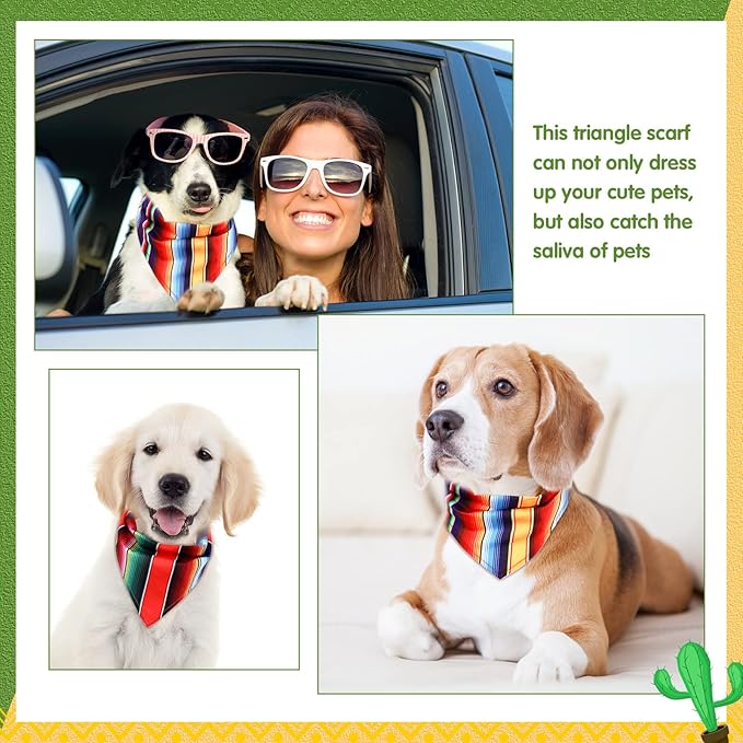 4 Pcs Cinco de Mayo Dog Bandana Cinco de Mayo Fiesta Fabric and Straw Sombrero Headbands Triangle Dog Sombrero Hat for Small Medium Pets Puppies Outdoor Colorful Serape Mexican Dog Gift Kids