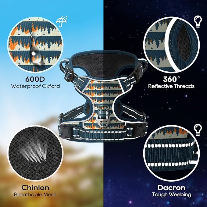 Timos Dog Harness, No-Pull Pet Harness with 2 Leash Clips, Adjustable Soft Padded Dog Vest, Reflective Outdoor Pet Oxford Vest with Easy Control Handle,Sunset Valley, XS