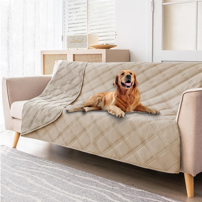 fuguitex Waterproof Dog Blanket Reversible for Small Dogs Resistant Leakproof Washable Couch Cushion Bed Protector Cover for Indoor Furniture Pet Friendly（30"*90",Beige+Khaki