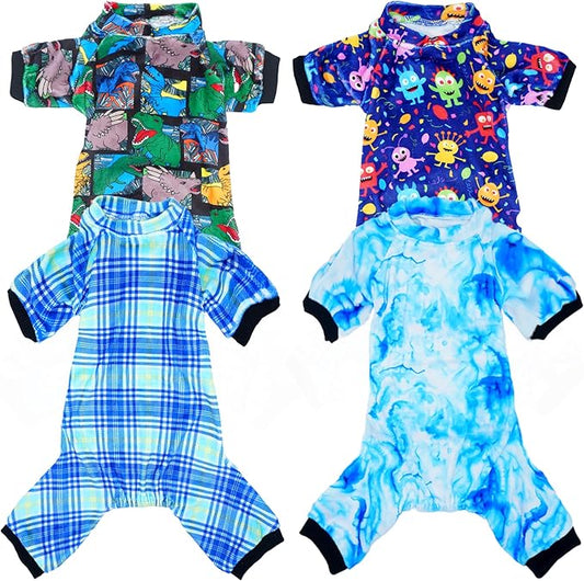 PET SHOW 4 Pack Small Dog Pajamas Cute Dinosaur Monster Clothes Doggies Soft Stretchy PJs Plaid Jumpsuit Puppy Cats Tie Dye Onesies Outfits with Sleeve Pets Dachshund Costume(XS, Blue for Boys)