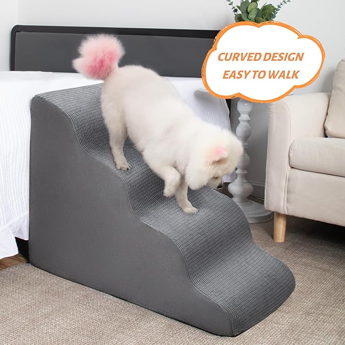 4-Step Dog Stairs and Ramp for Beds or Couches – Non-Slip Sturdy Pet Steps for Small Dogs and Cats,20.9" H,Grey