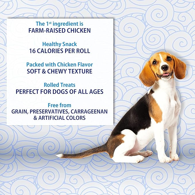 INABA Churu Rolls for Dogs, Grain-Free, Soft/Chewy Baked Chicken Wrapped Churu Filled Dog Treats, 0.42 Ounces Each Stick| 24 Stick Treats Total (8 Sticks per Pack), Chicken Recipe