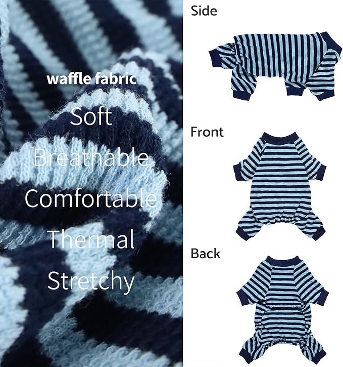 Fitwarm Blue and White Striped Dog Pajamas, Waffle Dog Clothes for Small Dogs Girl Boy, Puppy Onesie with Feet, Pet Cat Outfit, Small