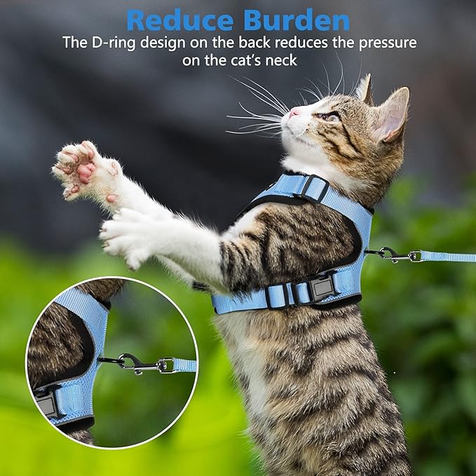 Dooradar Cat Harness and Leash Set, Escape Proof Safe Adjustable Kitten Vest Harnesses for Walking, Easy Control Soft Breathable Mesh Jacket with Reflective Strips for Cats,Light Blue, XS