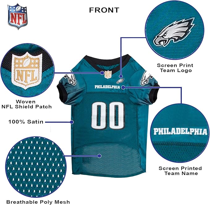Pets First NFL Philadelphia Eagles Dog Jersey, Size Large. Best Football Jersey Costume for Dogs & Cats. Licensed Football Shirt