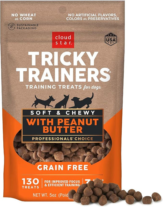 Cloud Star Tricky Trainers Soft & Chewy Dog Training Treats 5 oz. Pouch, Peanut Butter Flavor, Grain-Free Low Calorie Behavior Aid with 130 treats